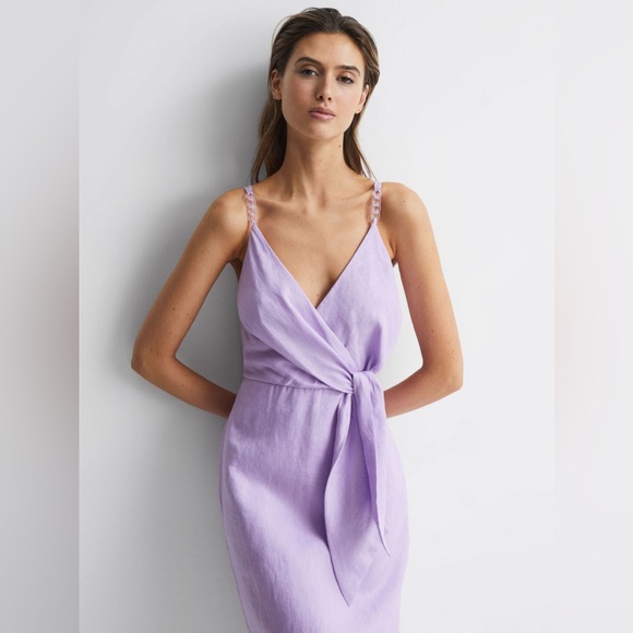 Reiss Esme Linen Side Tie Midi Dress in Lilac - Picture 5 of 16